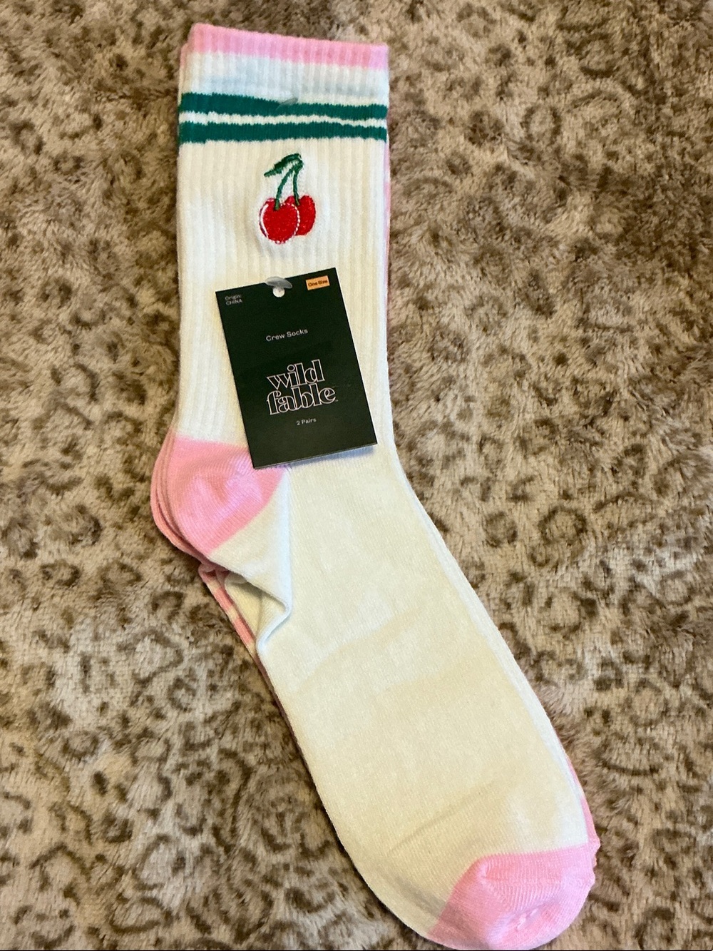 wild fable White Crew Socks with Cherry Embroidery and Pink Accents 2 pairs